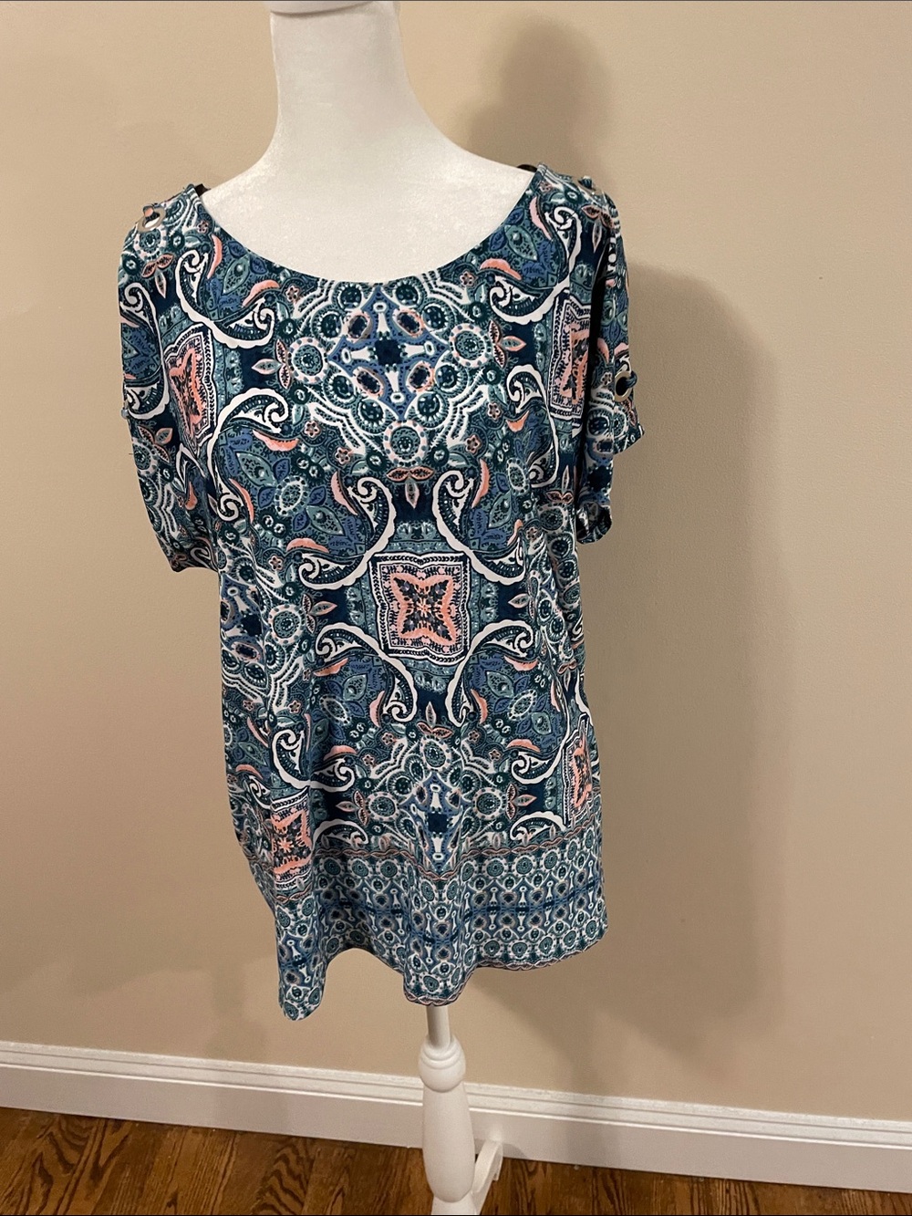 Westport Paisley Scoop Neck Top in Teal and Coral